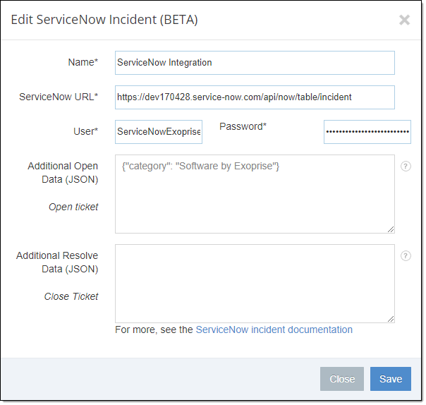 ServiceNow Integration configuration Screen