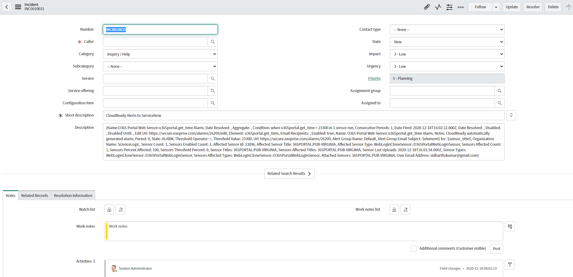 ServiceNow with CloudReady Alert