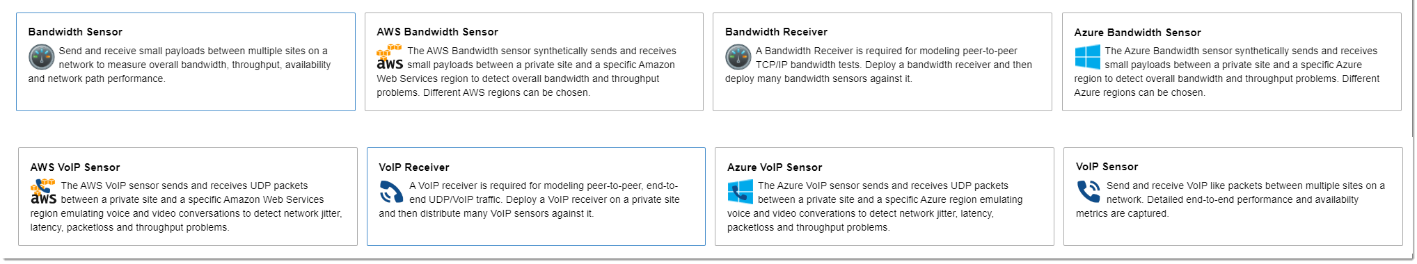 VoIP and Bandwidth Sensor List