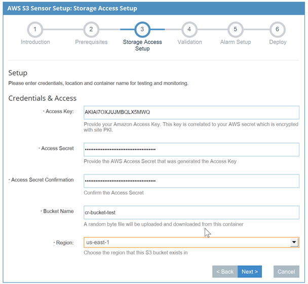 Fill in the credentials for the storage sensor