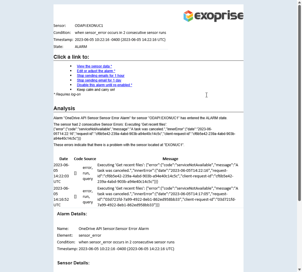 Exoprise Sensor Outage Alert Notification 2 Hours Before Microsoft reports outage