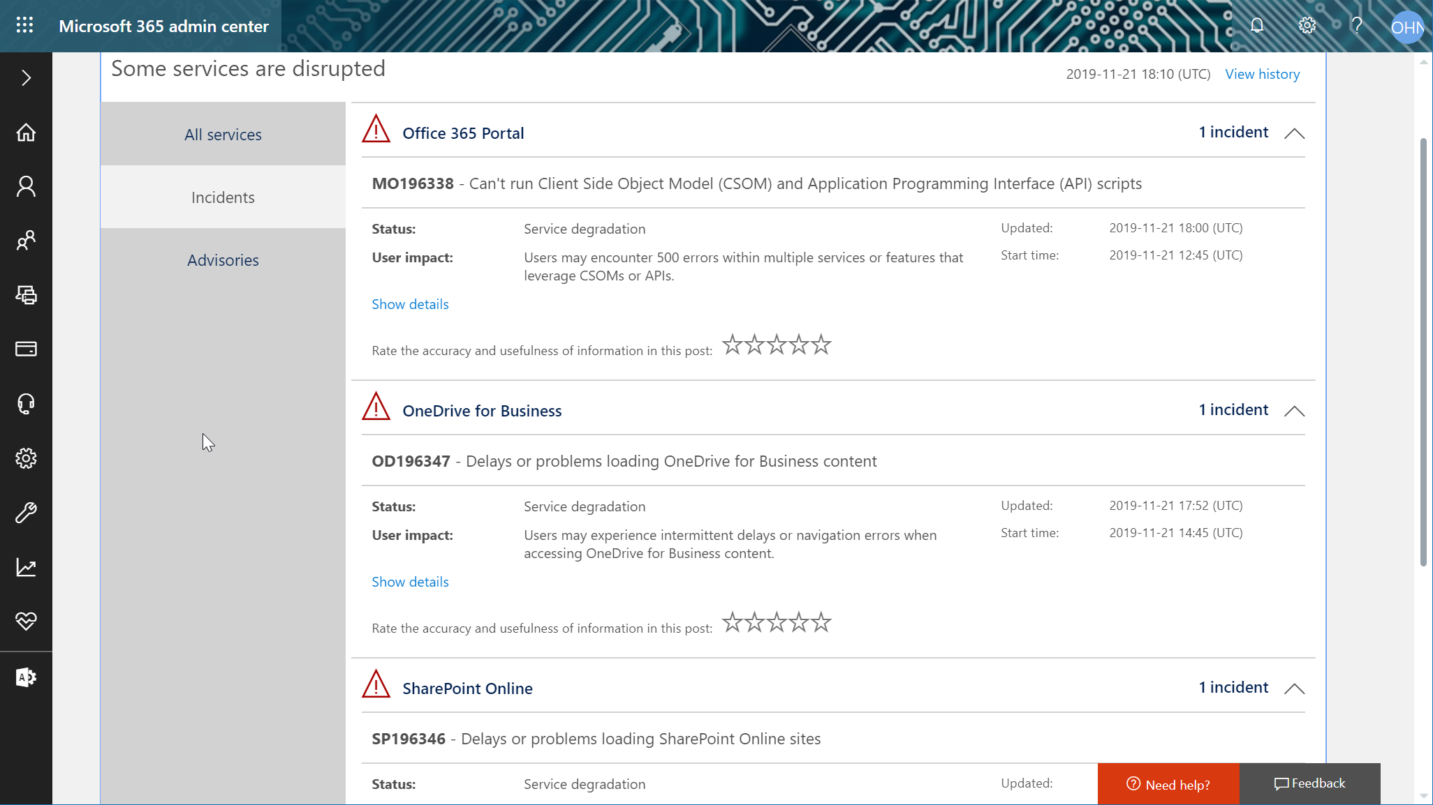 Microsoft Office 365 Service Communications Status