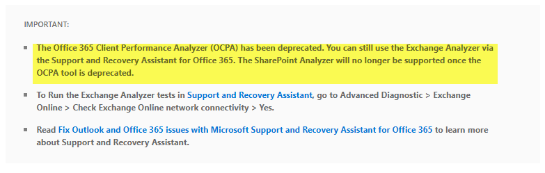 Office 365 Client Performance Analyzer has been deprecated