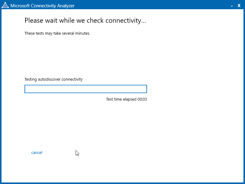 Wait while Microsoft Connectivity tests autodiscover and account settings