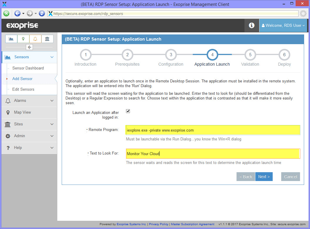 Enter the full path to the remote application to launch as well as what text to look for