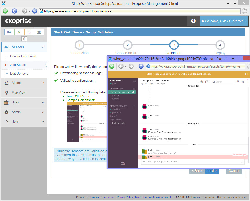 Slack Sensor Validation with Screenshot