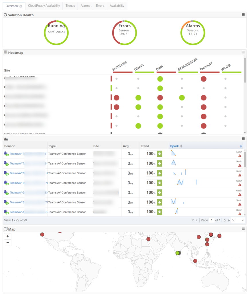 Live Heatmap View, Worldwide Teams Outage, Sample Exoprise Customer Screen