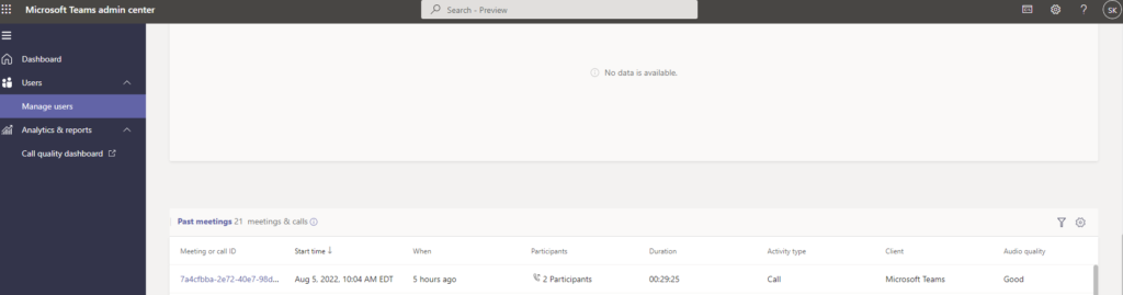 teams call quality admin center past meetings