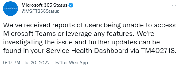 microsoft teams outage notification on twitter